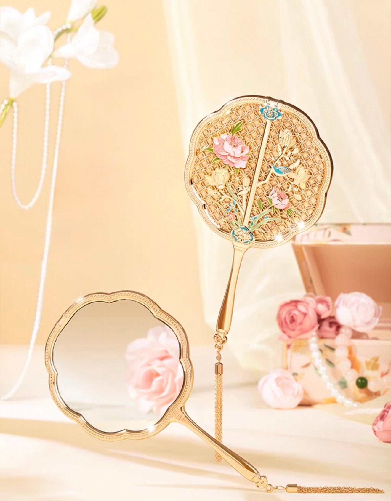 Empress Garden Filigree Chinese Hand Mirror