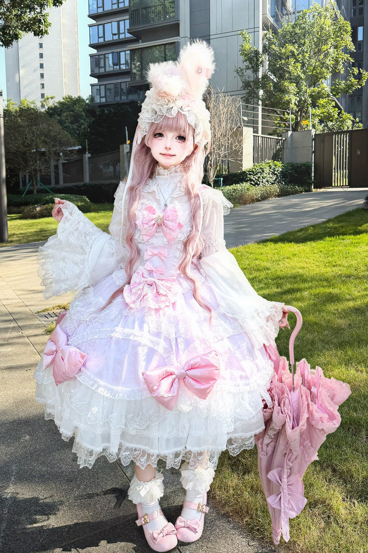 Pink/Purple [Flower Dream Isle] Square Collar Multi-Layered Ruffled Bow Lace Sweet Lolita Jsk Dress