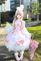 Pink/Purple [Flower Dream Isle] Square Collar Multi-Layered Ruffled Bow Lace Sweet Lolita Jsk Dress