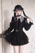 Black [Dreamy Love Ballad] Lapel Collar Long Sleeves Double-Layered Ruffled Cut-Out Bow Gothic Japanese Jirai Kei Skirt Set