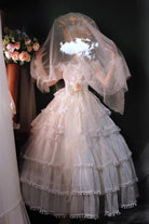 White Multi-Layered Ruffled Hanayome Bow Pearl-Decorated Sweet Lolita Jsk Dress Full Set 2 Versions
