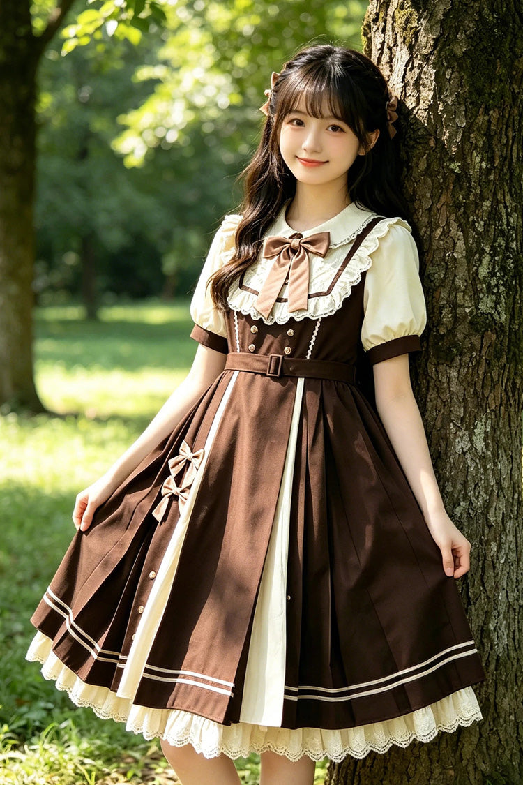 Brown Lapel Collar Short Sleeves Ruffled Open-Front Bow Sweet Plus Size Lolita Dress