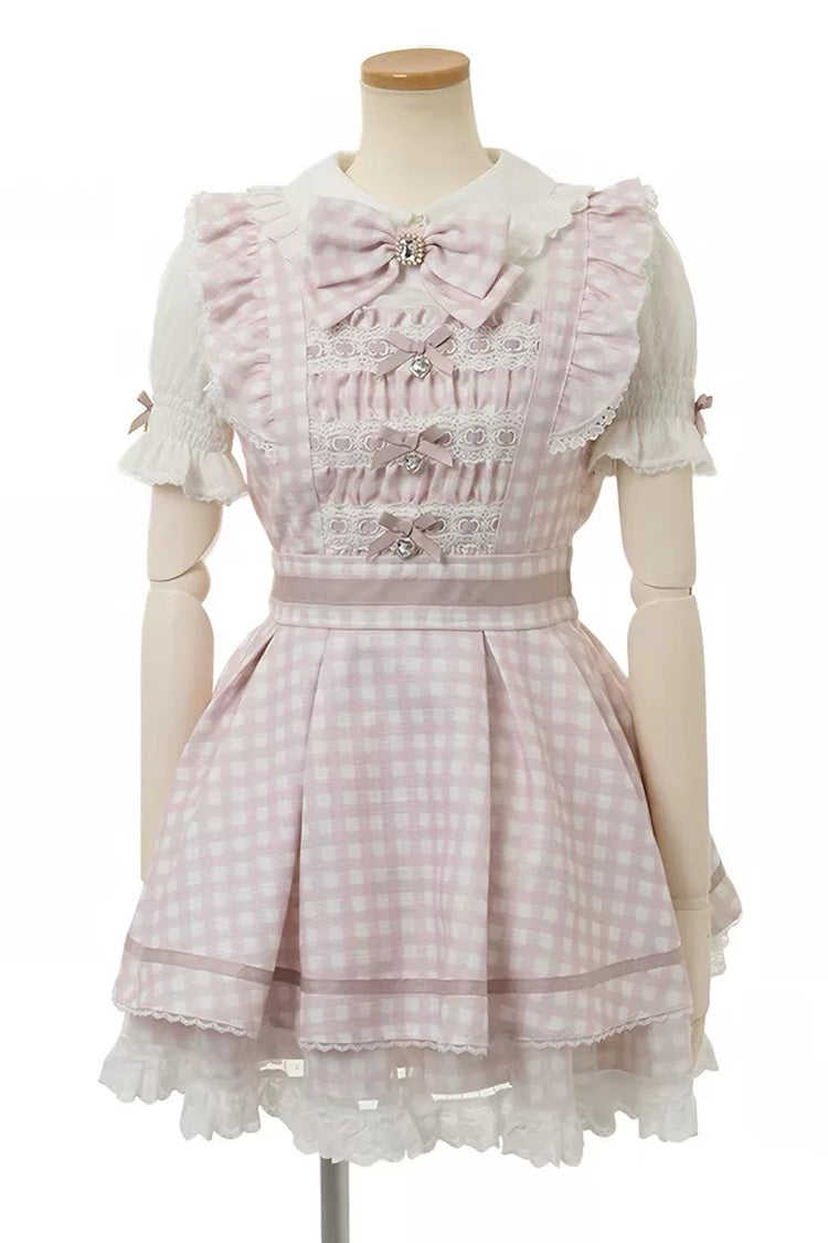 Jirai Kei Lapel Collar Long or Short Sleeves Plaid Printed Bow Sweet Plus Size Dress Shorts Set 3 Colors 2 Versions