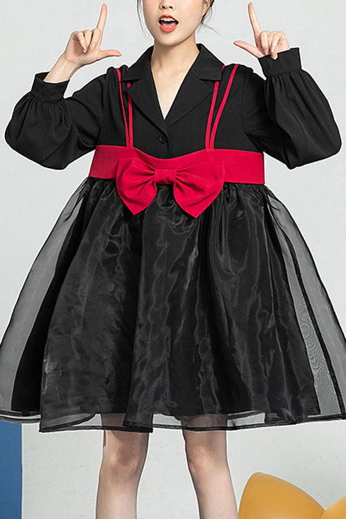 Black Suit Collar Bow Organza Long Sleeves High Waist Sweet Lolita OP Dress