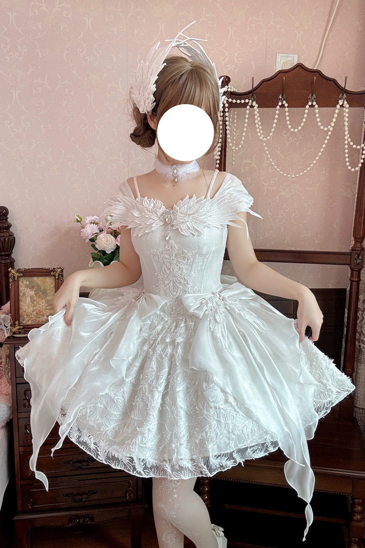 White [Feathers Floating In The Air] Square Collar Flutter Sleeves Embroidered Bow Lace Sweet Lolita Jsk Dress