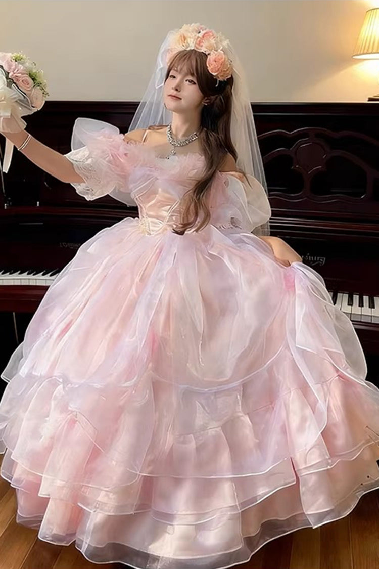 Pink [Mist Sea] Halterneck Short Sleeves Multi-Layered Ruffled Hanayome Bow Lace Sweet Plus Size Lolita Dress