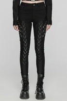 Black Triangular Stitching Mesh Buckle Women's Punk Pants