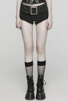 Black Denim Slim Buckle Eyelets Women's Steampunk Shorts