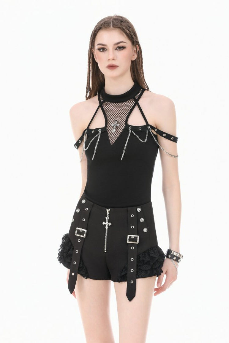 Black High Waisted Ruffled Lace Patchwork Buckled Straps Cross Zippered Women's Punk Shorts