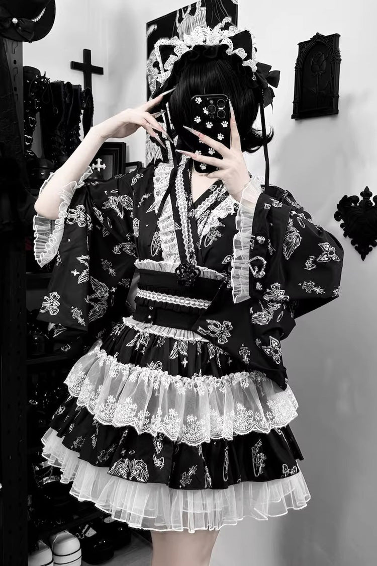 Jirai Kei Long Sleeves Printed Ruffled Lace Studded Gothic Japanese Top and Skirt Set 3 Colors