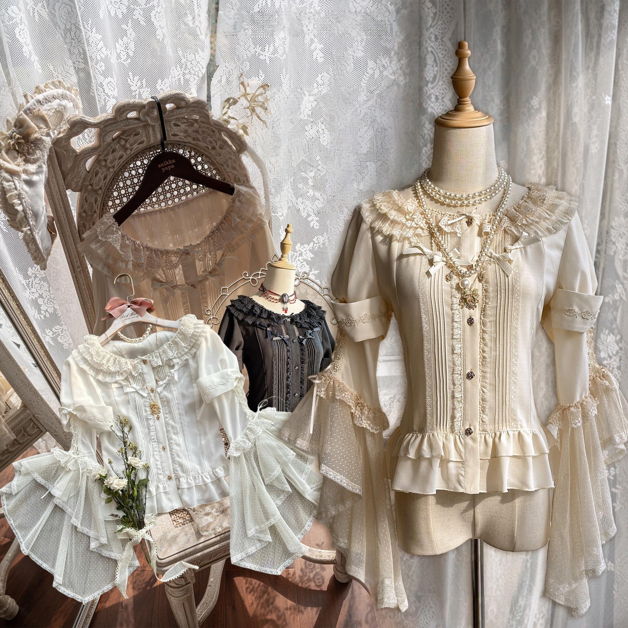 Butterfly Shadow - Elegant Lolita Hime Sleeve Blouse, Rose & Butterfly Button