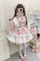 Pink [Snow Rabbit] Long Sleeves Ruffle Bowknot Fake Two Pieces Sweet Lolita Dress