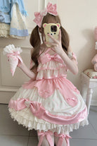 Pink Cream Multi-Layered Polka Dots Print Ruffle Bowknot Sweet Lolita Jsk Dress