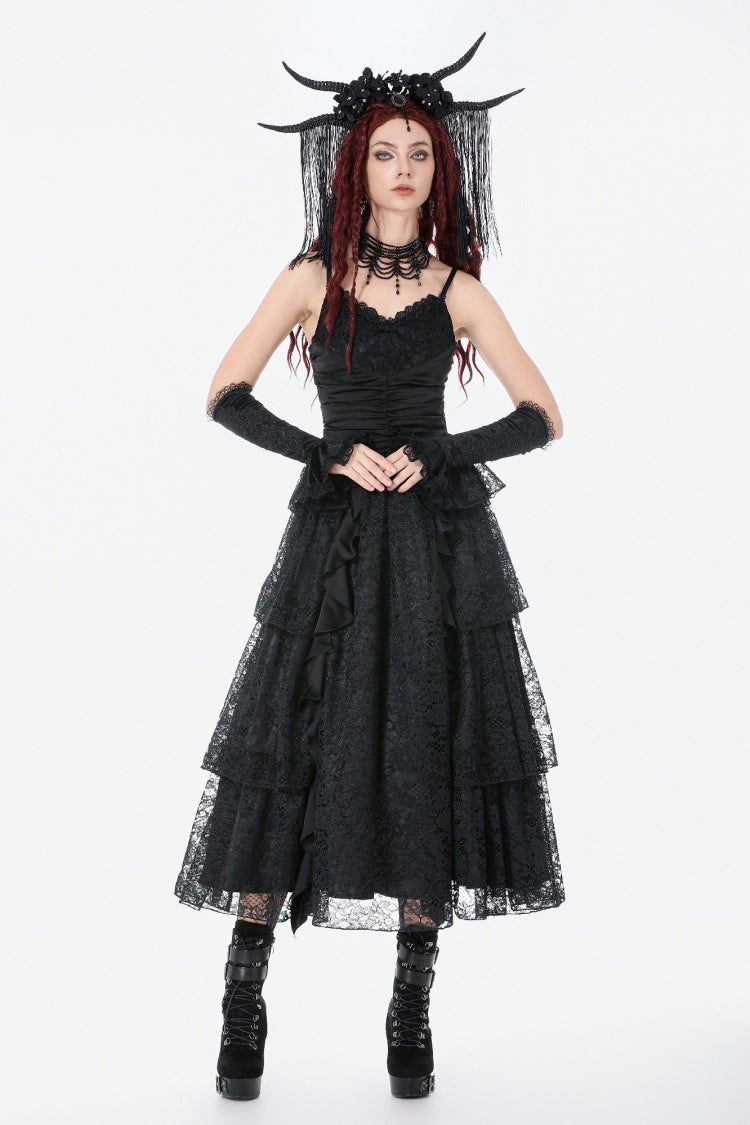 Black Sleeveless Multi-Layered Lace Ruched Women's Gothic Slip Maxi Dress Wedding Dress