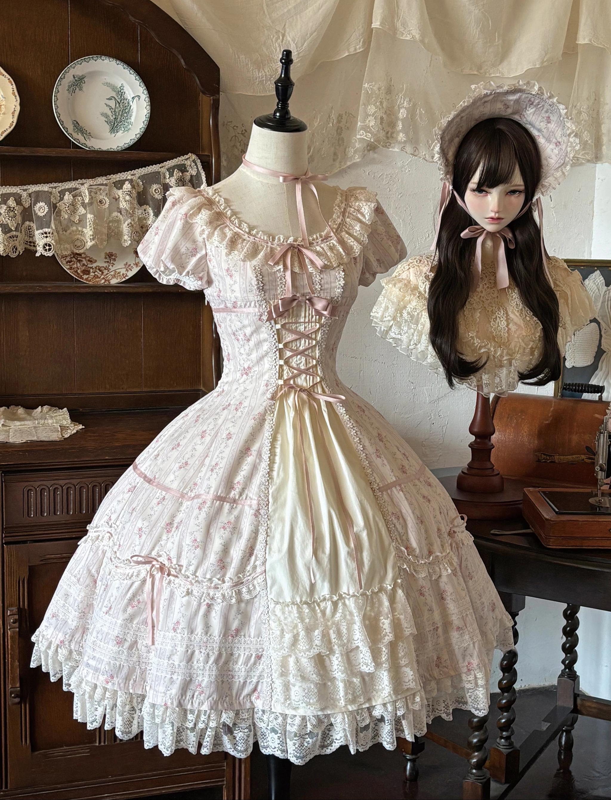 Spring Tale - Old School Lolita Floral Printed Dress, Front Opening