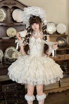 White [Pearl Ballet] Square Collar Sleeveless Multi-Layered Ruffled Bow Lace-Up Pearl-Decorated Sweet Ballet Lolita Jsk Dress