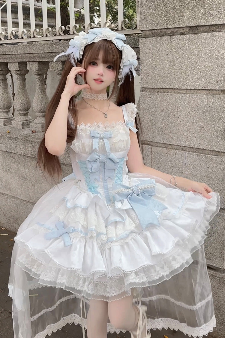 Blue/White [Clouds and Mist] Multi-Layered Ruffle Bowknot Lace Sweet Princess Lolita Jsk Dress