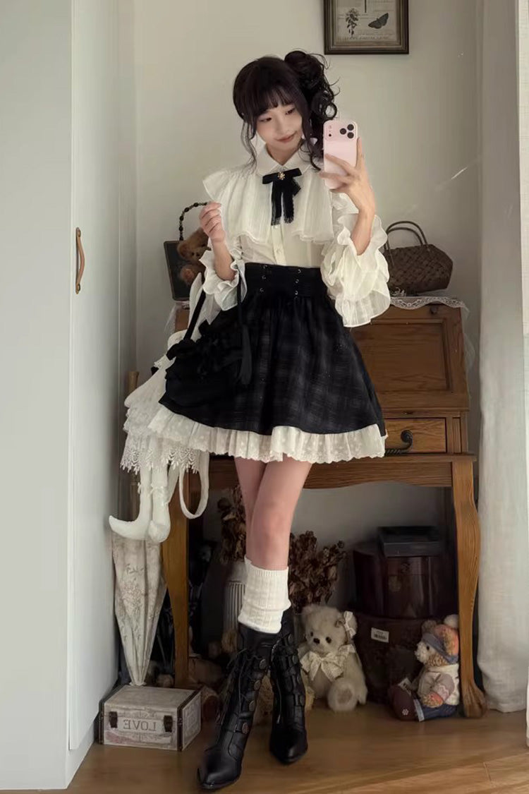 Black/White Long Sleeves Plaid Printed Lace Lace-Up Sweet Jirai Kei Skirt Set