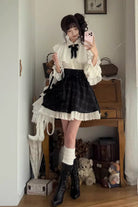 Black/White Long Sleeves Plaid Printed Lace Lace-Up Sweet Jirai Kei Skirt Set