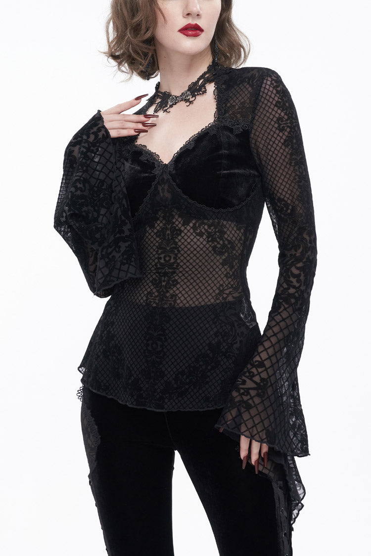 Black Velvet Mesh Splicing Metal Buttons Flared Sleeve Lace Women's Gothic T-Shirt
