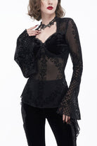 Black Velvet Mesh Splicing Metal Buttons Flared Sleeve Lace Women's Gothic T-Shirt