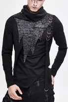 Black Worn Out Cross Shaped Hasp High Collar Asymmetric Hem Men's Punk T-Shirt