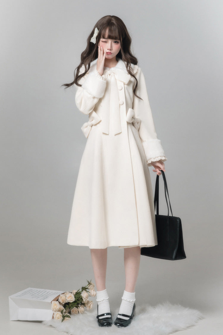 White [First Snow] Doll Collar Long Sleeves Bow Sweet Lolita Coat