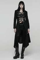 Black Stand Collar Long Sleeves Lace-Up Mesh Buckle Women's Punk Coat