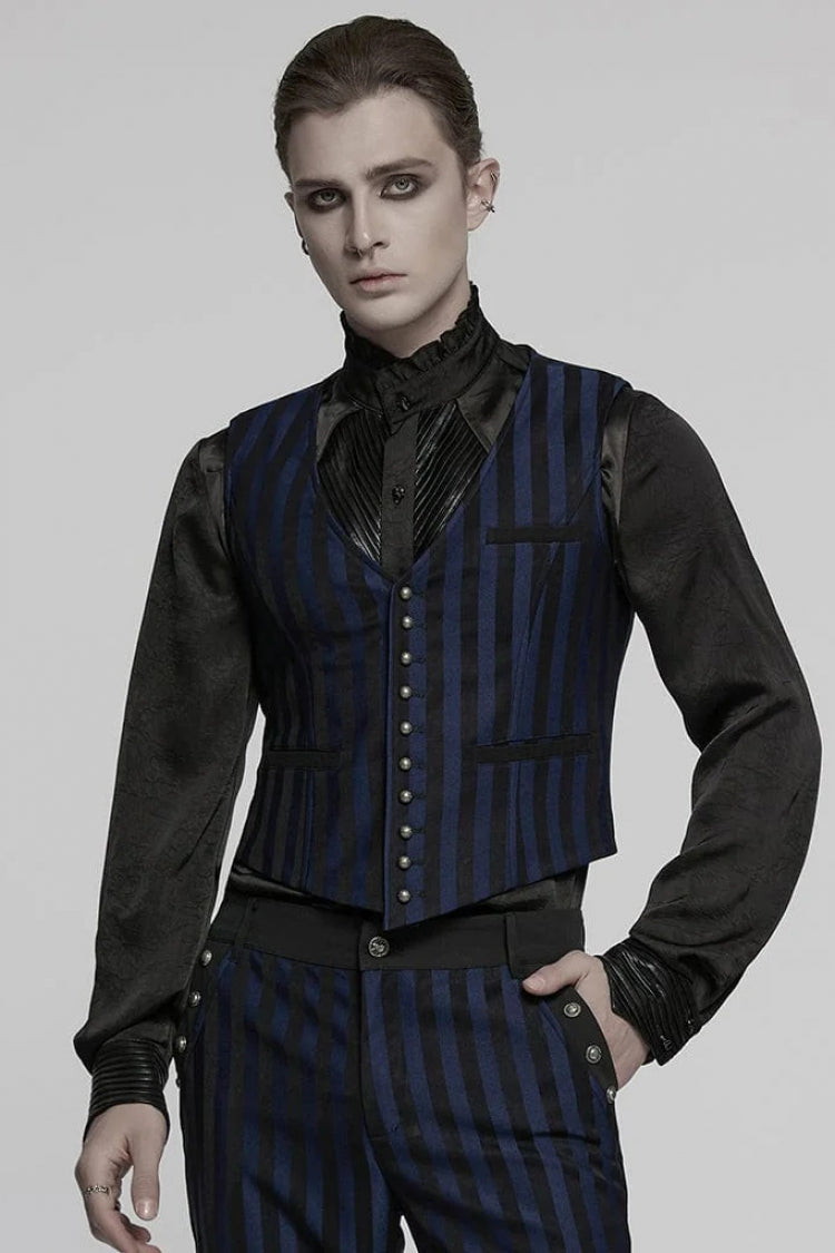 Black/Blue V Collar Sleeveless Striped Print Buckle Men's Punk Vest