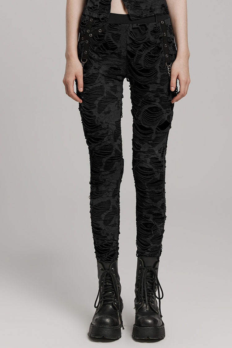 Slim Ripped Eyelet Chain Women's Steampunk Leggings 2 Colors
