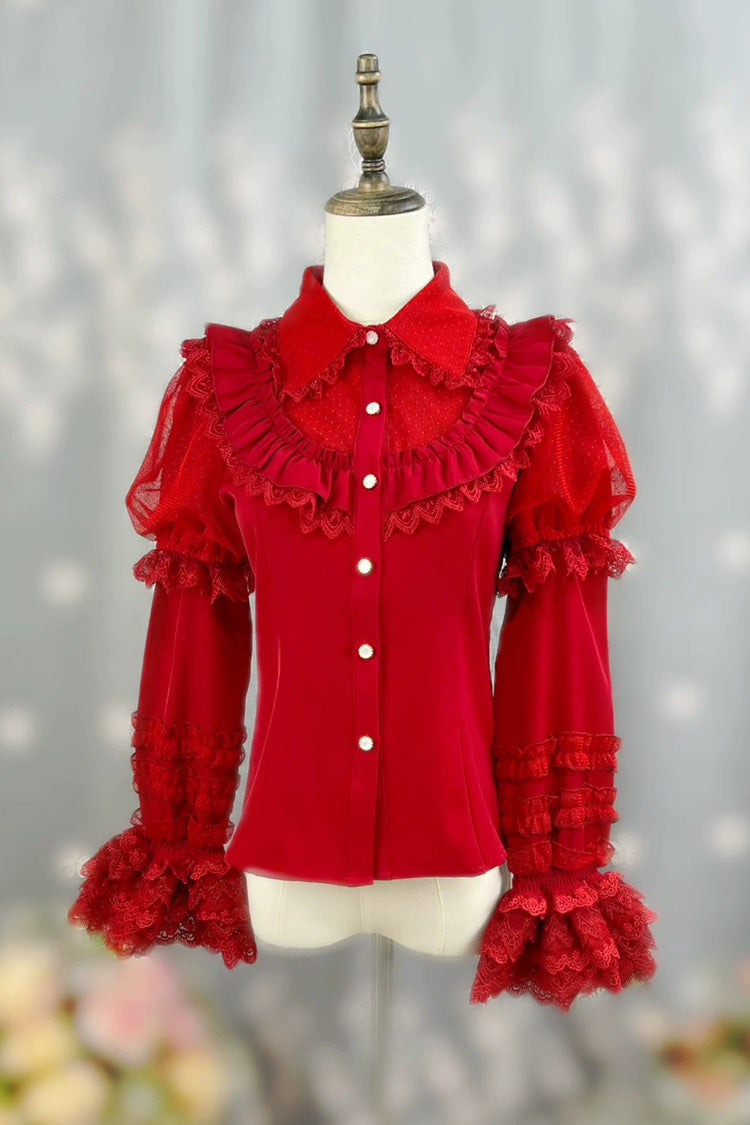 [Four Seasons Encounter] Lapel Collar Detachable Long Sleeves Ruffled Lace Slim Fit Classic Lolita Blouse 4 Colors