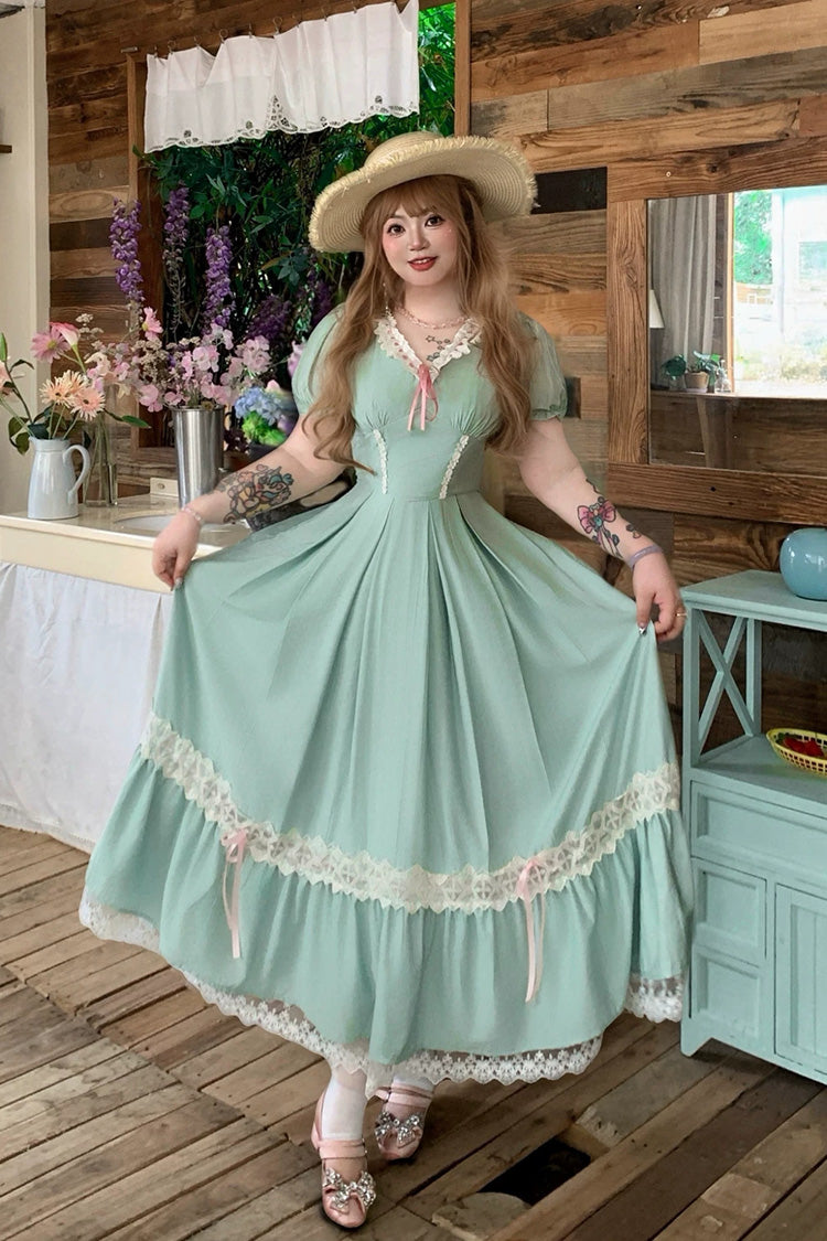 Green V Collar Short Sleeves Ruffled Lace Sweet Plus Size Lolita Dress