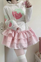 White/Pink Long Sleeves Triple-Layered Strawberry Print Hooded Sweet Lolita Dress