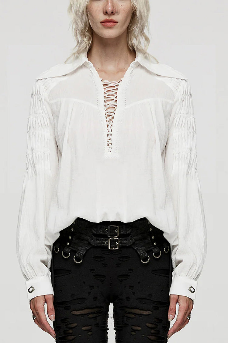 Women's Turn-down Collar Long Sleeves Lace Ruched Gothic Blouse 2 Colors