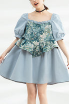 Blue Square Collar Ruffled Oil Painting Patchwork Short Sleeves High Waisted Sweet Lolita Dress