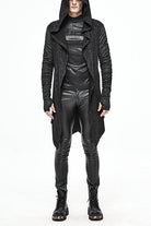 Black Hooded Wrinkled Sleeves Circuit Diagram Print Knit Long Mens Punk Coat