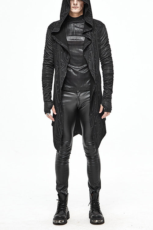 Black Hooded Wrinkled Sleeves Circuit Diagram Print Knit Long Mens Punk Coat