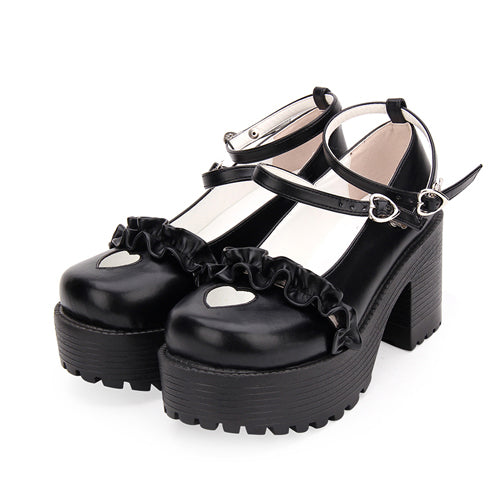 Round Toe Hollow Out Heart Shape Ruffle School Sweet Lolita Shoes