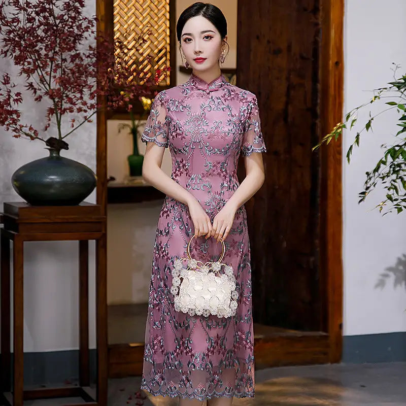 Purple Lace A Line Cheongsam Qipao Dress