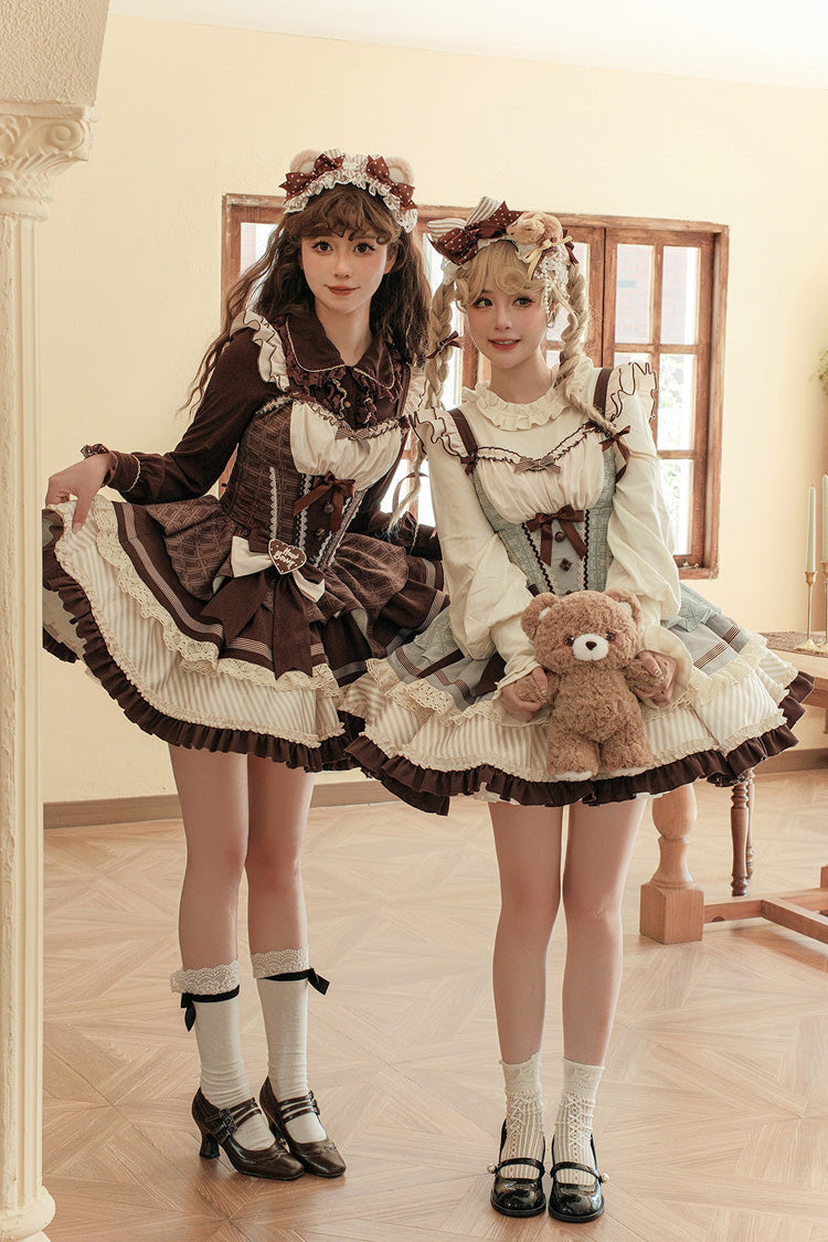 Sweet Square Collar Sleeveless Multi-Layered Printed Ruffled Bow Fishbone Lolita Dress 2 Colors (Mint Green, Chocolate Brown)