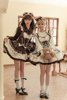 Sweet Square Collar Sleeveless Multi-Layered Printed Ruffled Bow Fishbone Lolita Dress 2 Colors (Mint Green, Chocolate Brown)
