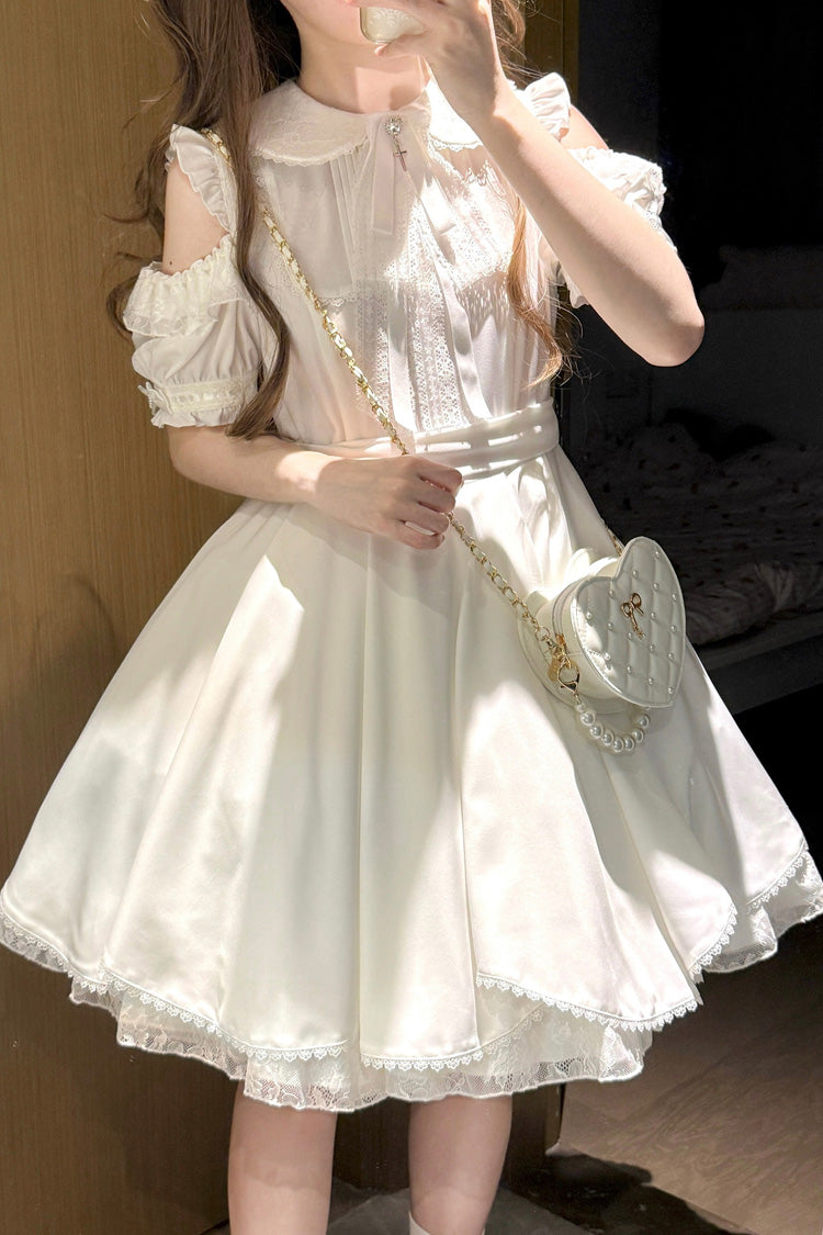 White [Oath] Lapel Collar Off Shoulder Short Sleeves Bow Gothic Lolita Dress