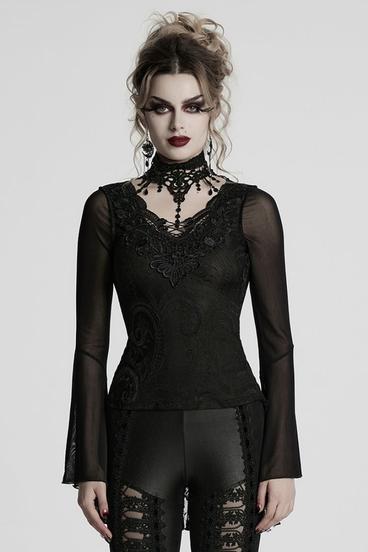 Black V Collar Embroidery Lace Lace-Up Women's Gothic Blouse