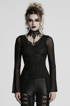 Black V Collar Embroidery Lace Lace-Up Women's Gothic Blouse