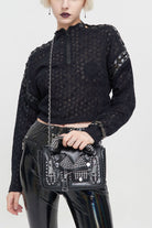 Black Wool Dropped Shoulders Perforated Sleeves Strap Connection Neck Zipper Loose Long Sleeve Women's Punk Sweater