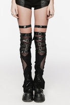 Black Stitching Irregular Mesh Buckle Women's Punk Leg Warmer with Garter