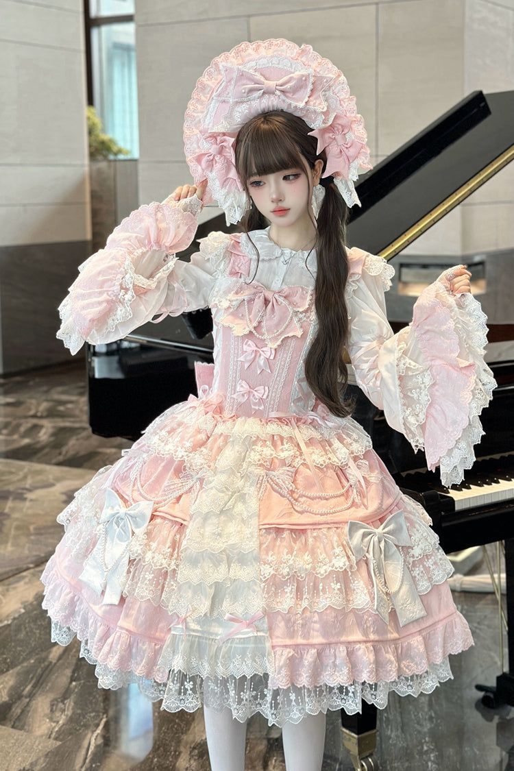 [Sakura Love] Multi-Layered Jacquard Ruffle Embroidery Cardigan Bowknot Lace Sweet Gorgeous Lolita Jsk Dress 3 Colors