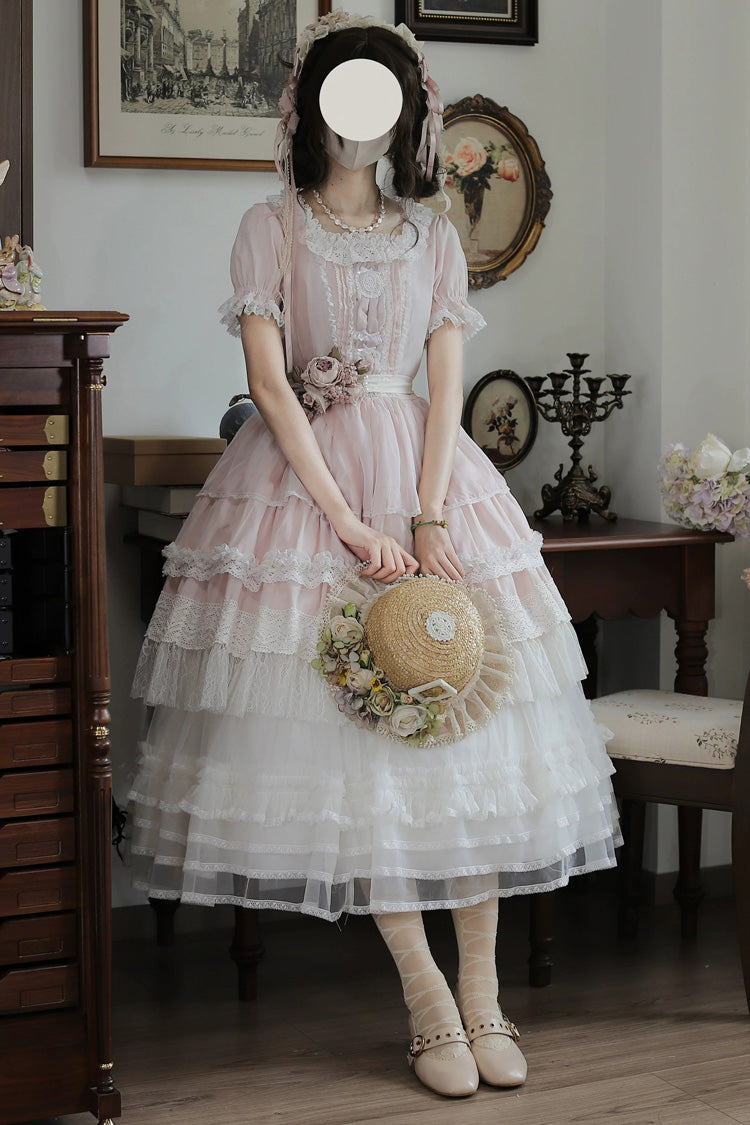 Pink [Vintage Ball 3.0] Square Collar Short Sleeves Lace Pearl Detail Sweet Lolita Dress