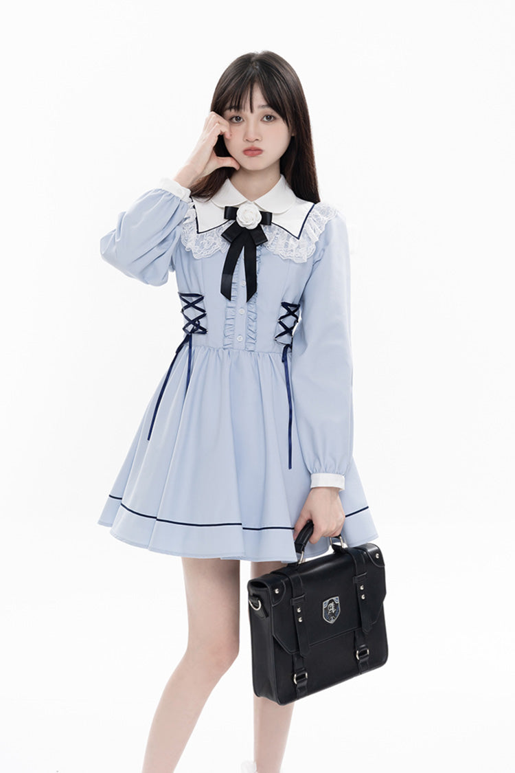 Blue Lapel Collar Long Sleeves Bowknot Lace-Up Jirai Kei Dress
