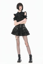 Black High Waisted Multi-Layered Ruffled Lace Patchwork Pocket Women's Punk Mini Skirt